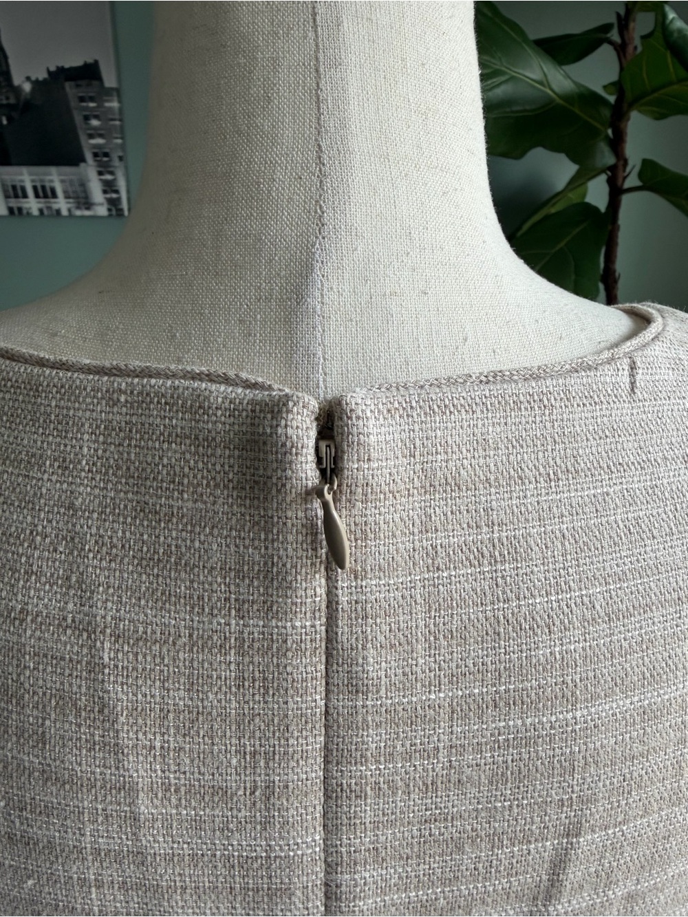 WHBM Neutral Linen Blend Tan Sheath Dress with fringe crochet lace details 4 - Picture 12 of 15